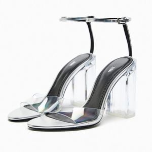 Zara Clear Block Heel. Silver straps